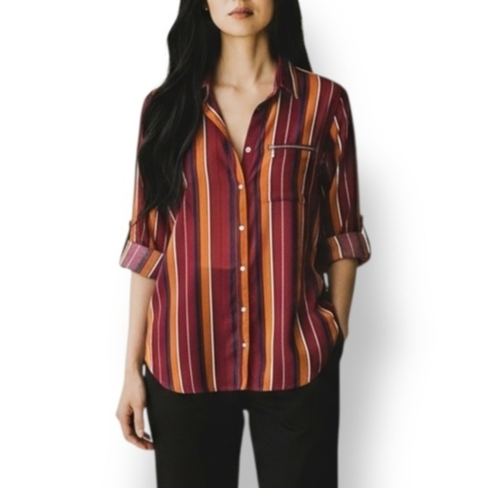 4/$20 Blistorm Stripe Hi Low Blouse Zip Pocket Button Front Tunic Top